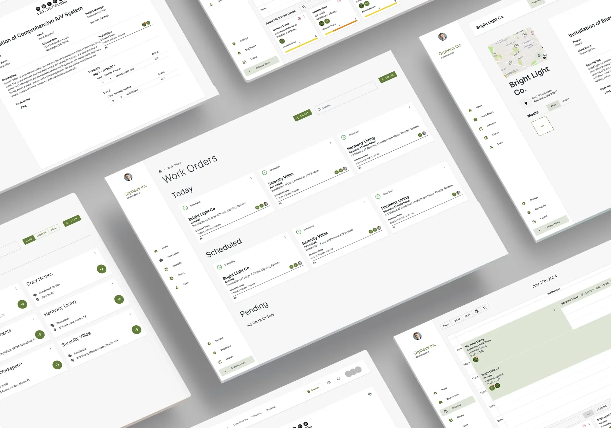ABE Networks desktop web app screens: work order list, scheduling, and client details