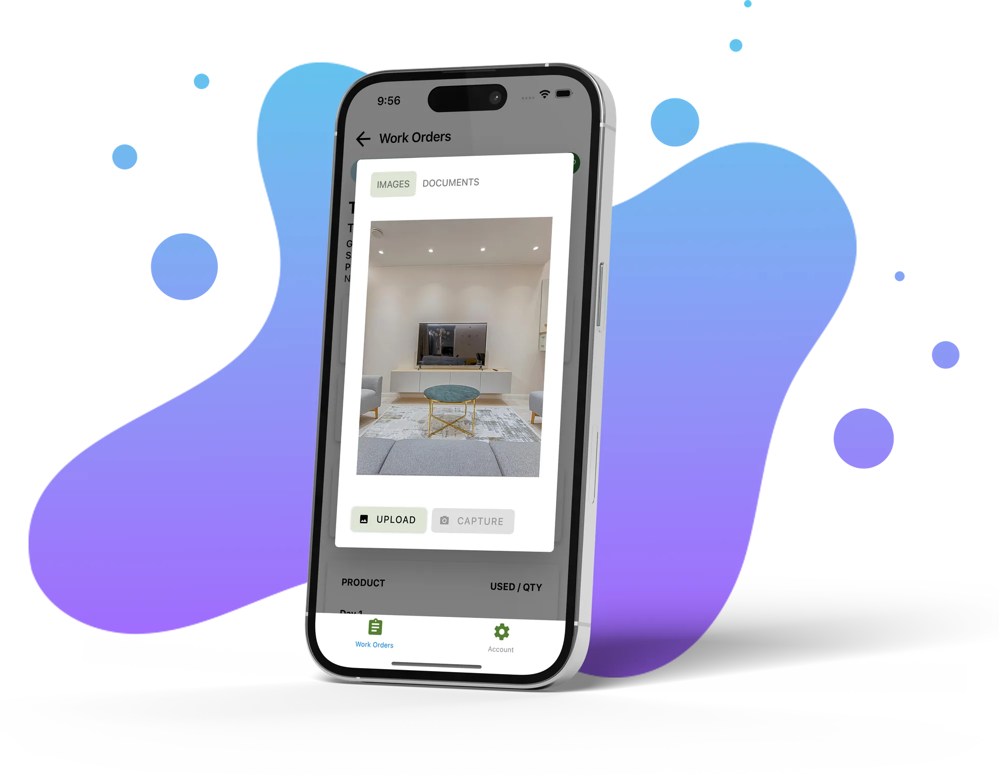 ABE Networks mobile app product photo upload on a work order