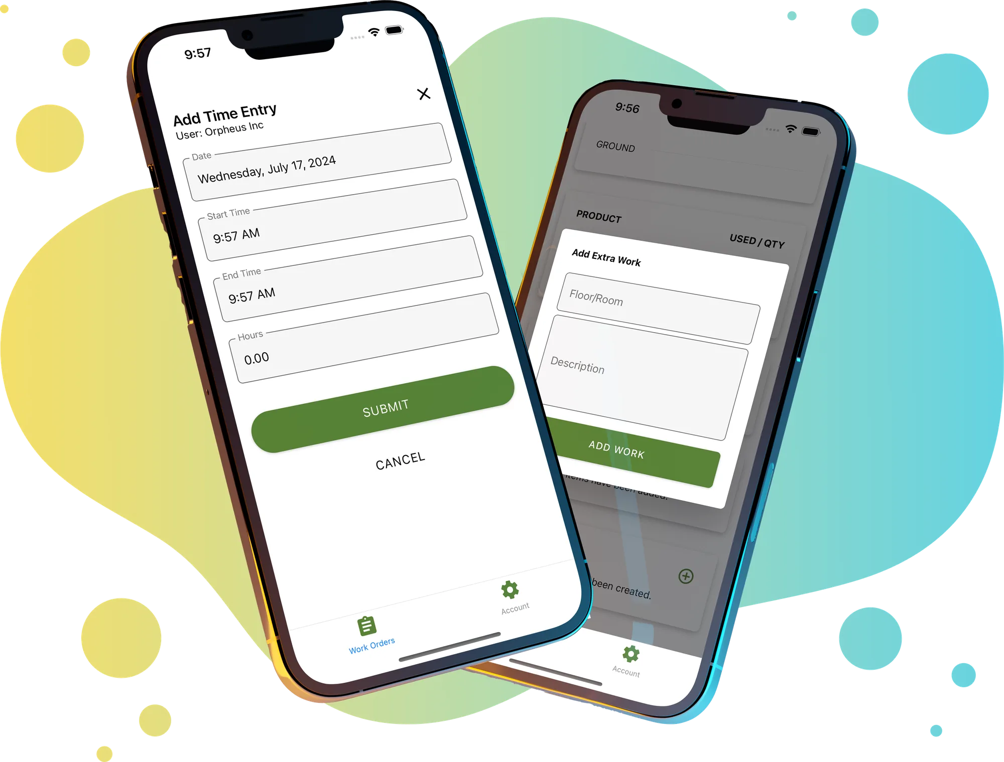 ABE Networks mobile app time entry and inventory screens