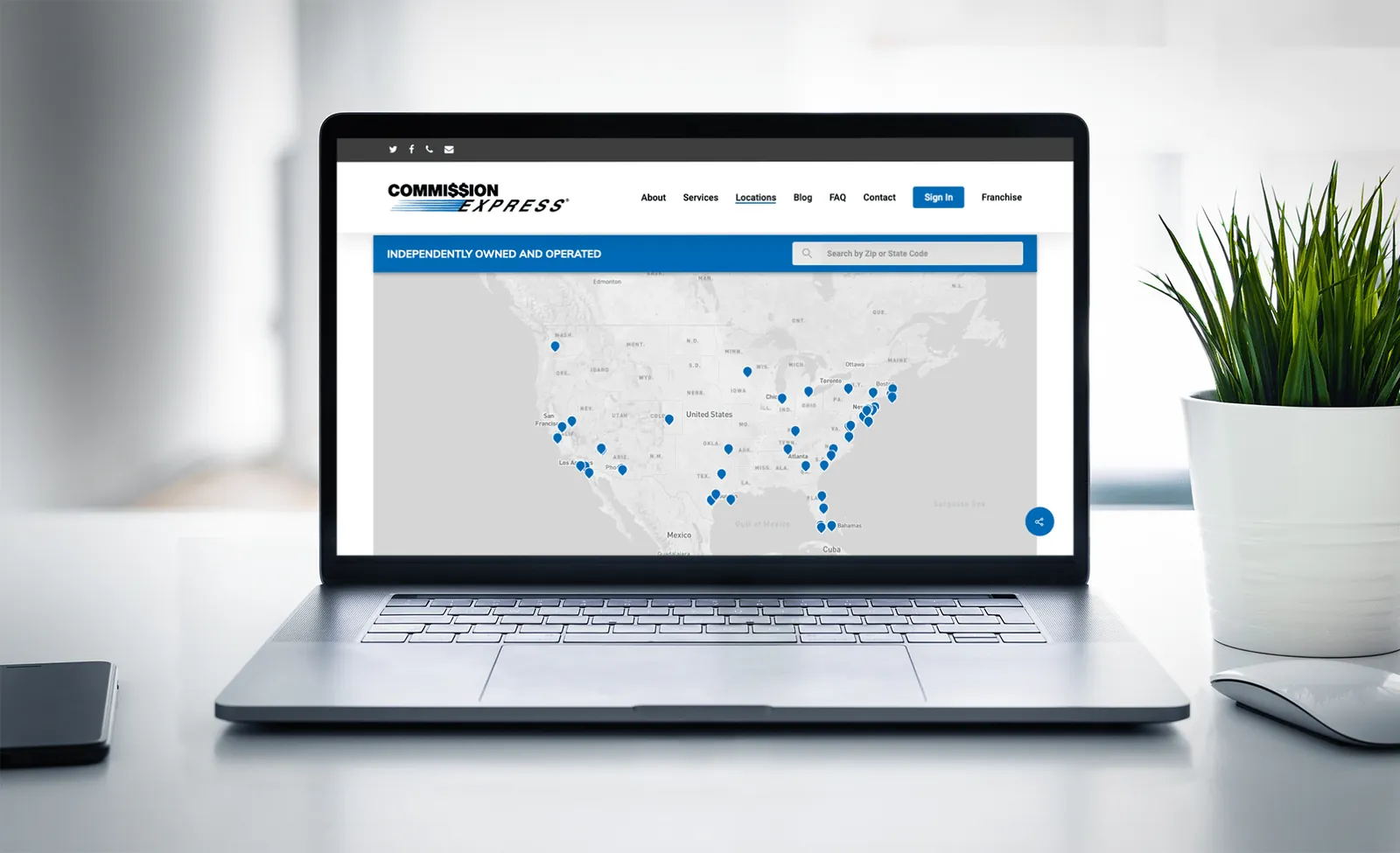 Commission Express Locations page on a laptop, showing a map of the United States with blue pins at branch locations and a search by city or ZIP code field