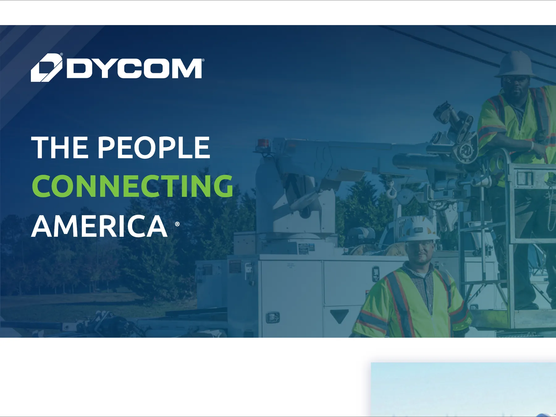 Dycom homepage before the redesign, with a blue-tinted photo of line workers and the headline The People Connecting America